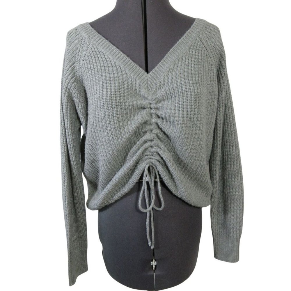 Full Circle Trends women's gray ruched cinch front v-neck knit sweater, M